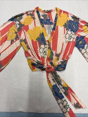 Free People Floral Tie-Front Crop Top in Coral, Yellow & Blue